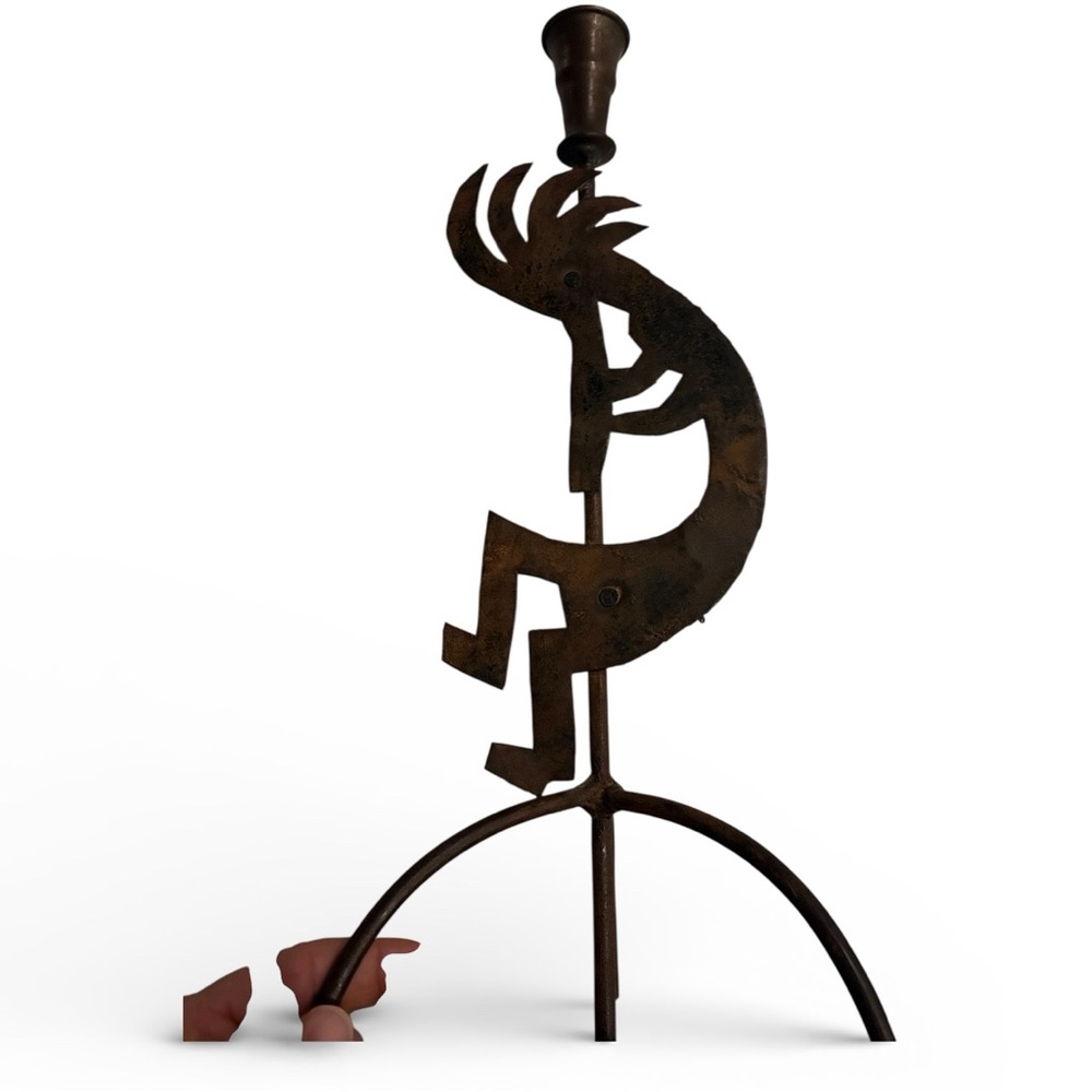 Rustic Metal Kokopelli Candlestick 3 Prong Stable Base W/ Whimsical Kokopelli